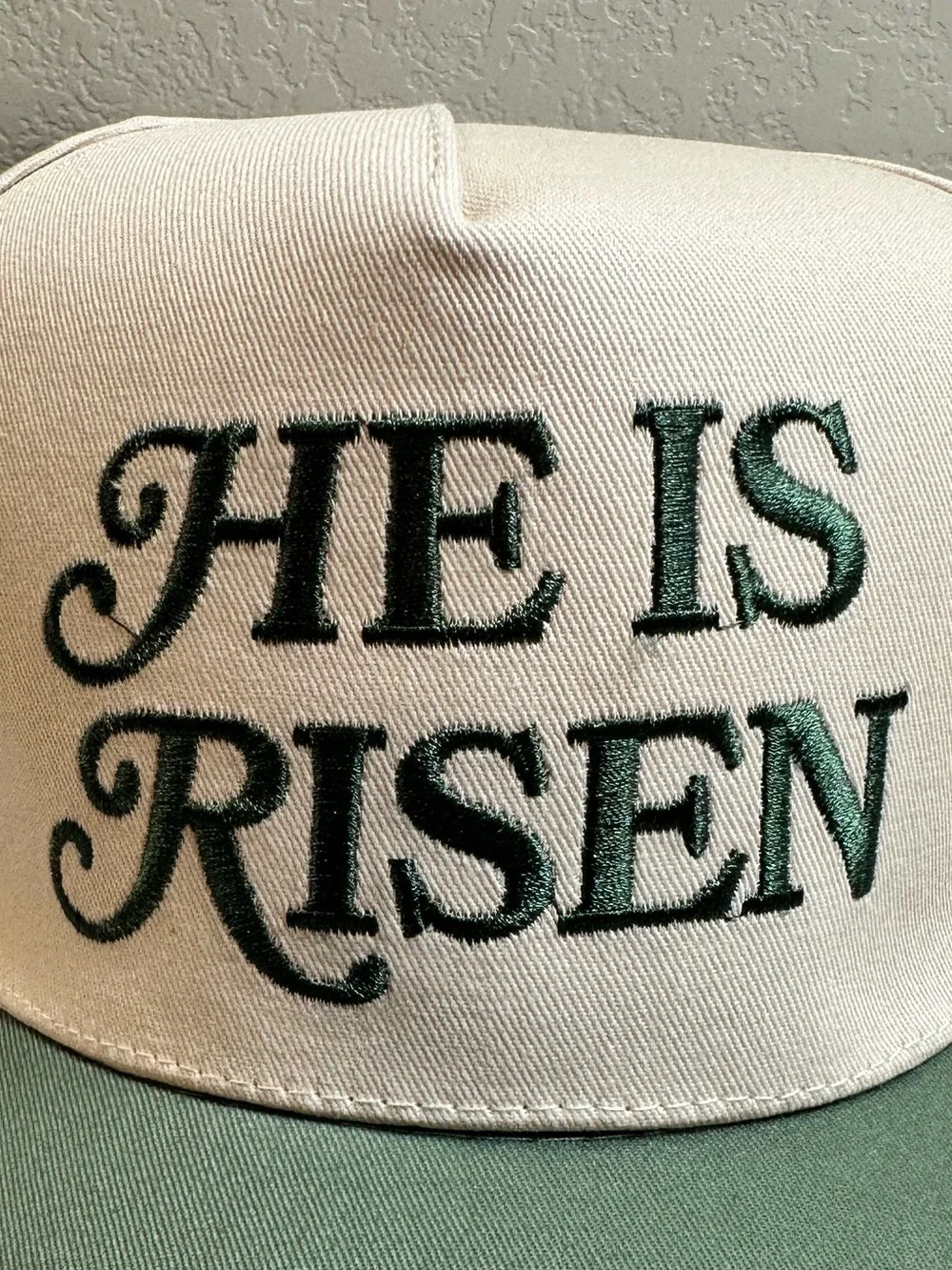 NWT Women’s Trucker Hat Cream and Green Embroidered He Is Risen Baseball Cap